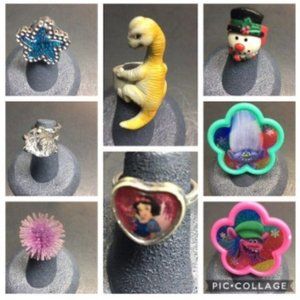 Plastic Ring Lot Flower Troll Dinosaur Starfish Diamond Snowman Snow White Koosh